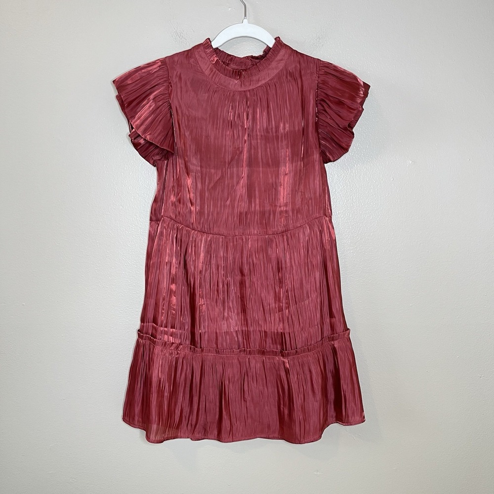 Women's Red Dress Holiday Christmas Shimmer Sparkle Tiered Short Flutter Sleeve